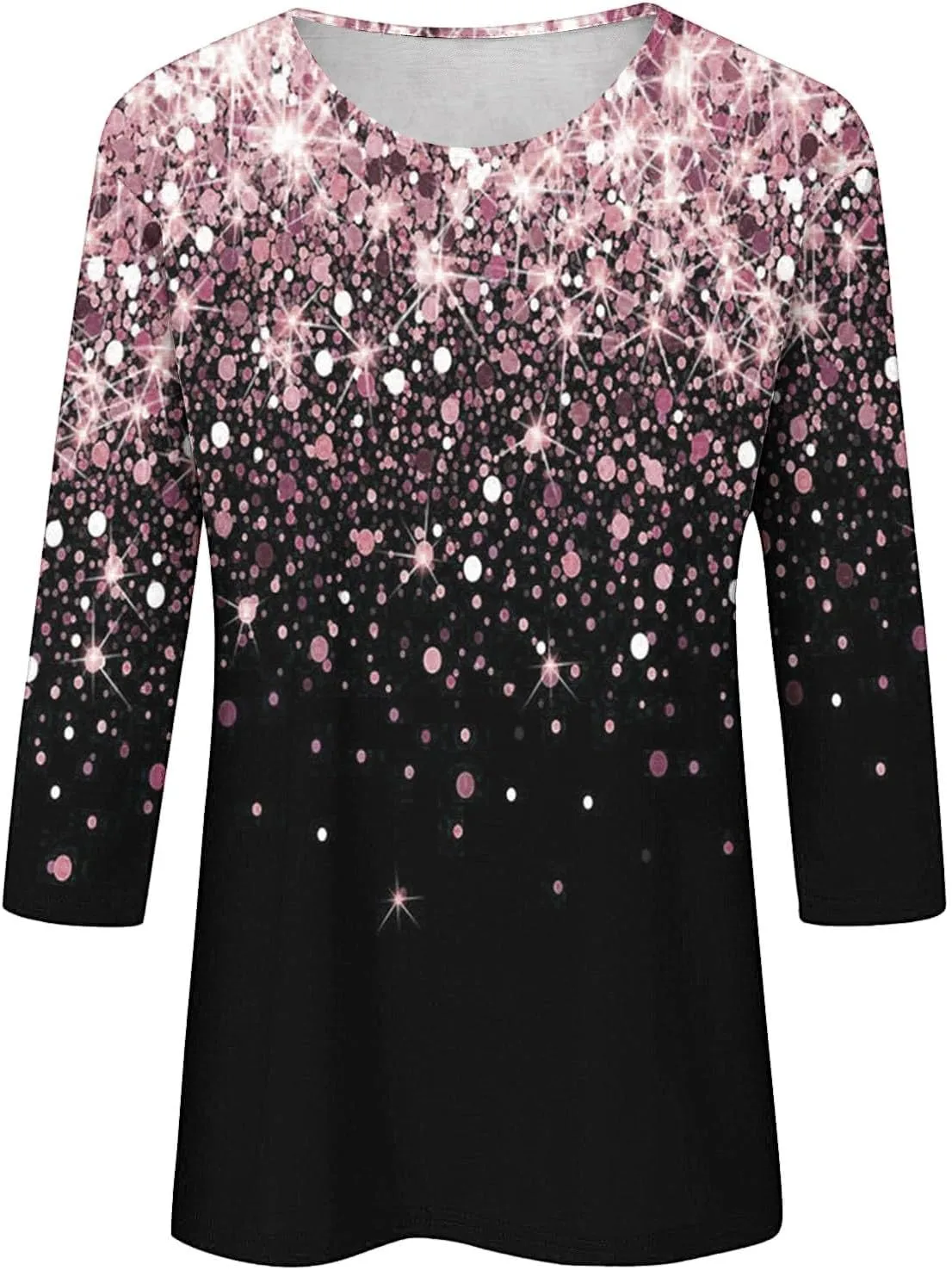 Women's Sequin Tops 3/4 Sleeves Glitter Dressy Blouses Round Neck Sparkly Tops for Party, Evening, Cocktail