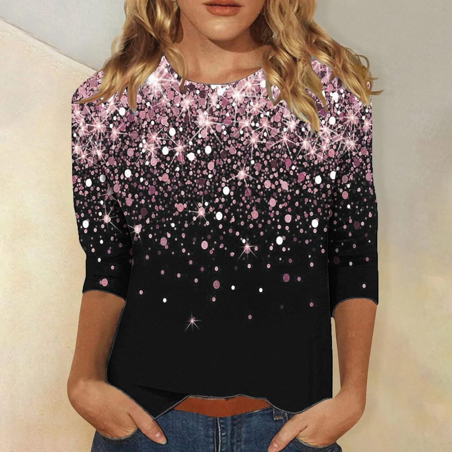 Women's Sequin Tops 3/4 Sleeves Glitter Dressy Blouses Round Neck Sparkly Tops for Party, Evening, Cocktail