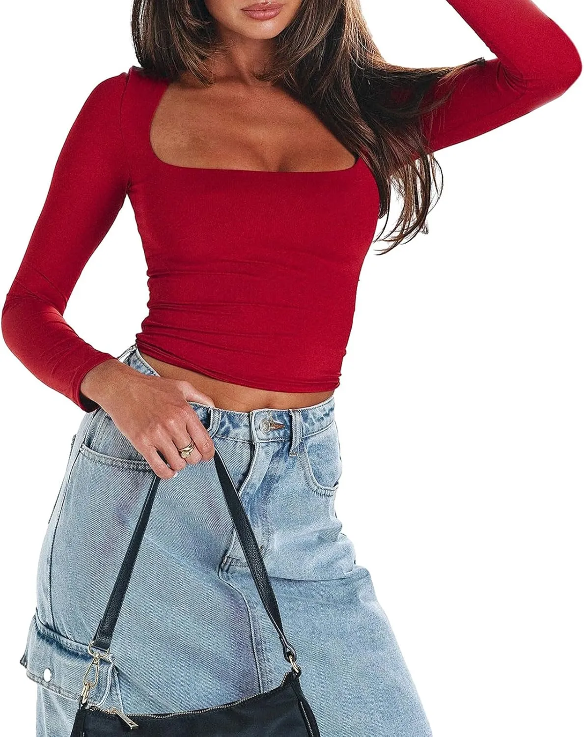 Women's Sexy Square Neck Crop Top Basic Long Sleeve Slim Fit Cropped T Shirts Going Out Tops Fall Tight Tee Blouses