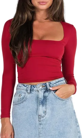 Women's Sexy Square Neck Crop Top Basic Long Sleeve Slim Fit Cropped T Shirts Going Out Tops Fall Tight Tee Blouses