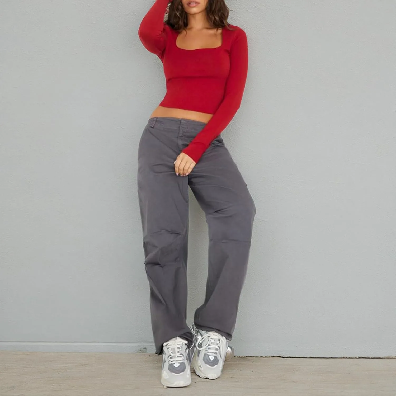 Women's Sexy Square Neck Crop Top Basic Long Sleeve Slim Fit Cropped T Shirts Going Out Tops Fall Tight Tee Blouses