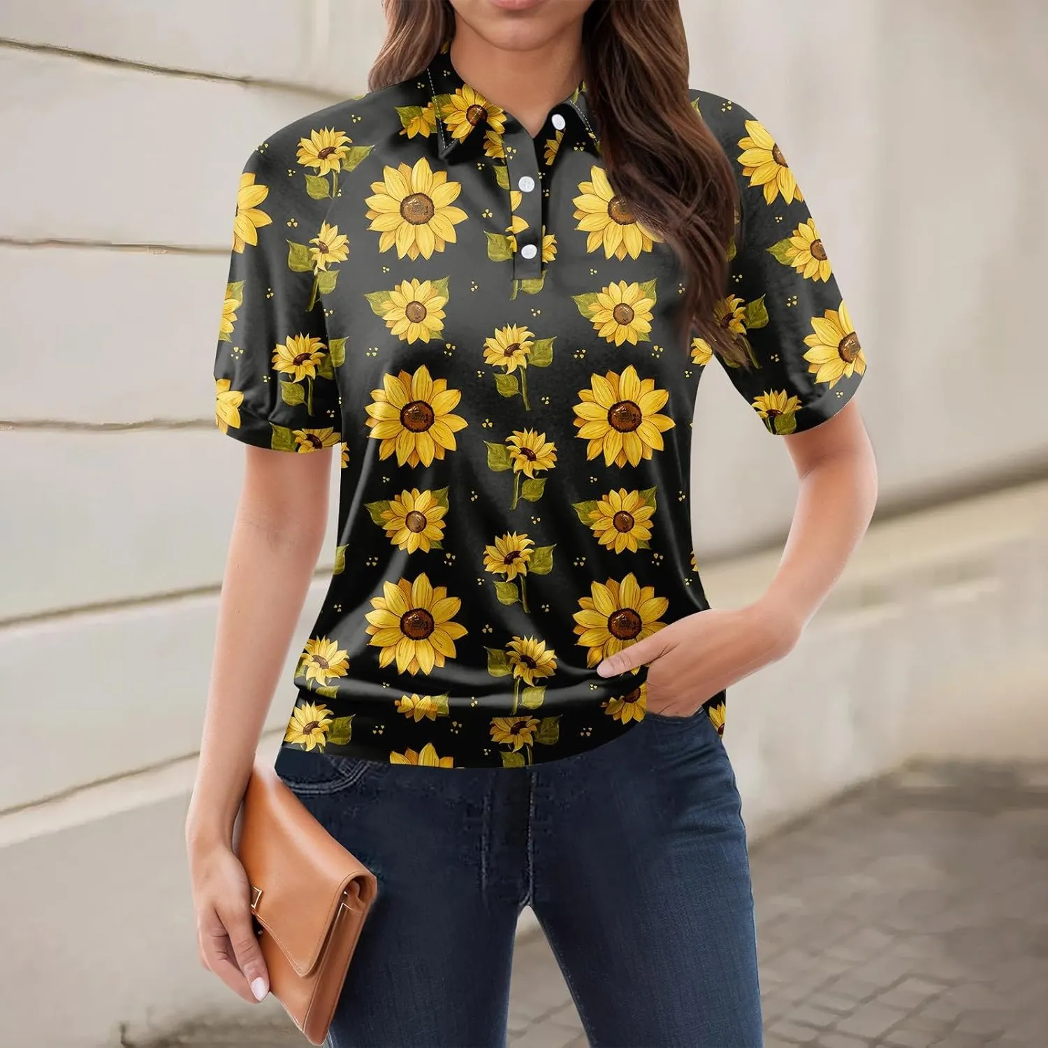 Womens Shirts Casual Short Sleeve Work Outfits Summer Tops Trendy Floral Print Blouses Lapel Collared