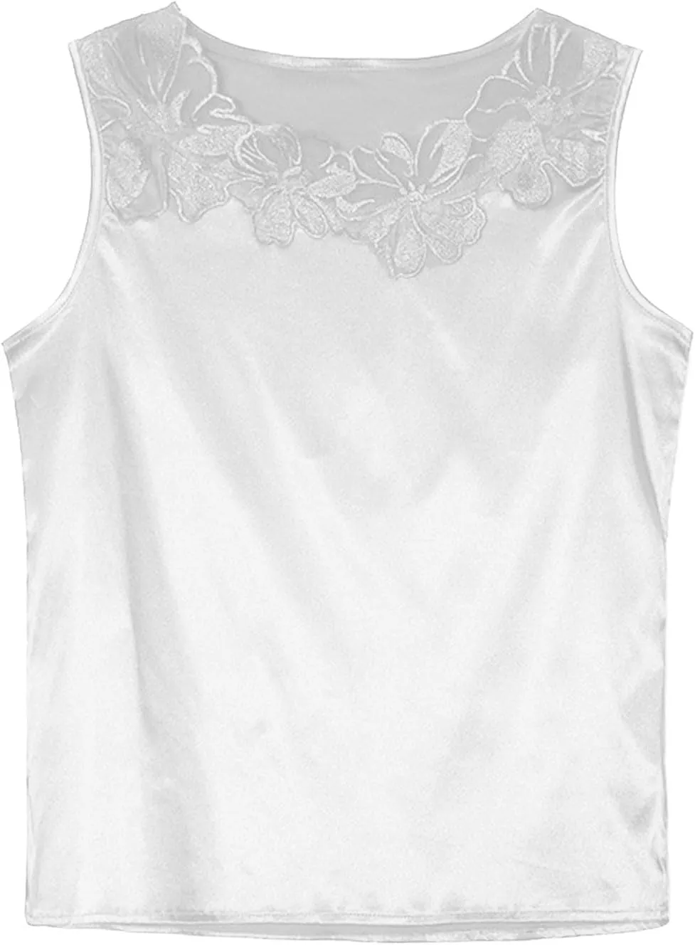 Womens Silk Satin Tank Tops Floral Applique Lace Crew Neck Casual Sleeveless Top Basic Camisole Tank Cami Blouses