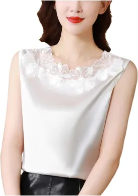 Womens Silk Satin Tank Tops Floral Applique Lace Crew Neck Casual Sleeveless Top Basic Camisole Tank Cami Blouses