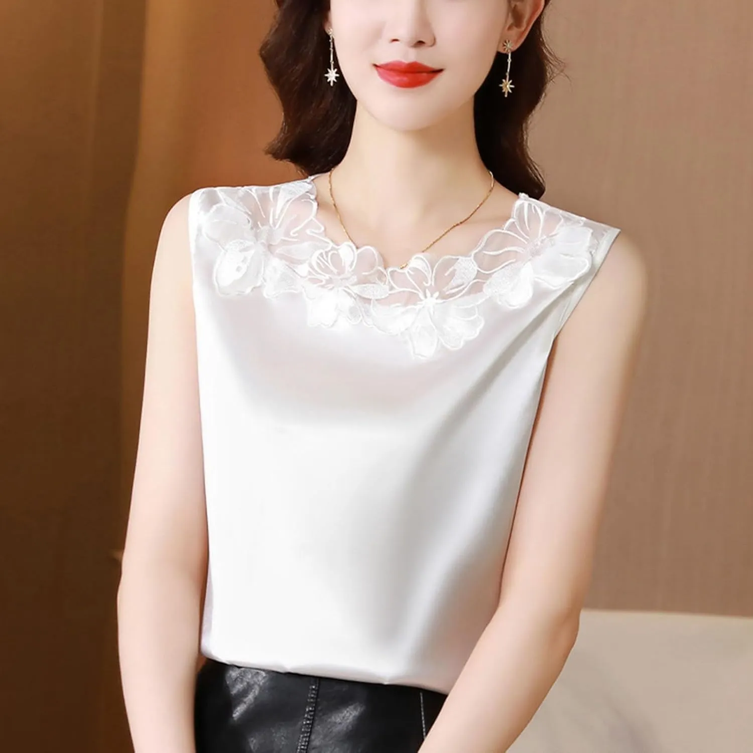 Womens Silk Satin Tank Tops Floral Applique Lace Crew Neck Casual Sleeveless Top Basic Camisole Tank Cami Blouses