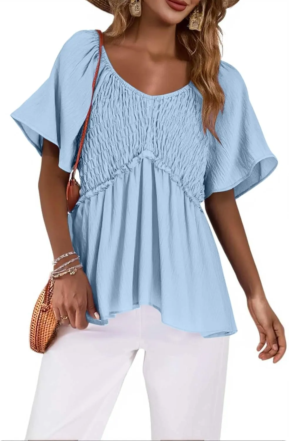 Womens Summer Dressy Tops Short Sleeves Crewneck Pleated Patchwork Tunic Top Leisure Loose Hide Belly T-Shirts
