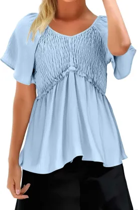 Womens Summer Dressy Tops Short Sleeves Crewneck Pleated Patchwork Tunic Top Leisure Loose Hide Belly T-Shirts
