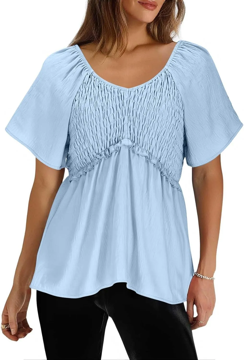 Womens Summer Dressy Tops Short Sleeves Crewneck Pleated Patchwork Tunic Top Leisure Loose Hide Belly T-Shirts