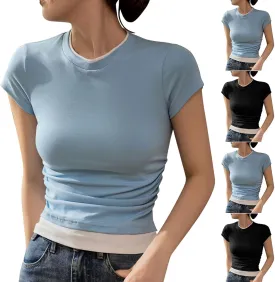 Womens Summer Versatile Tops Casual Slim Comfy Home T-Shirts Cap Sleeves Round Neck Solid Color Tee Shirts 2025