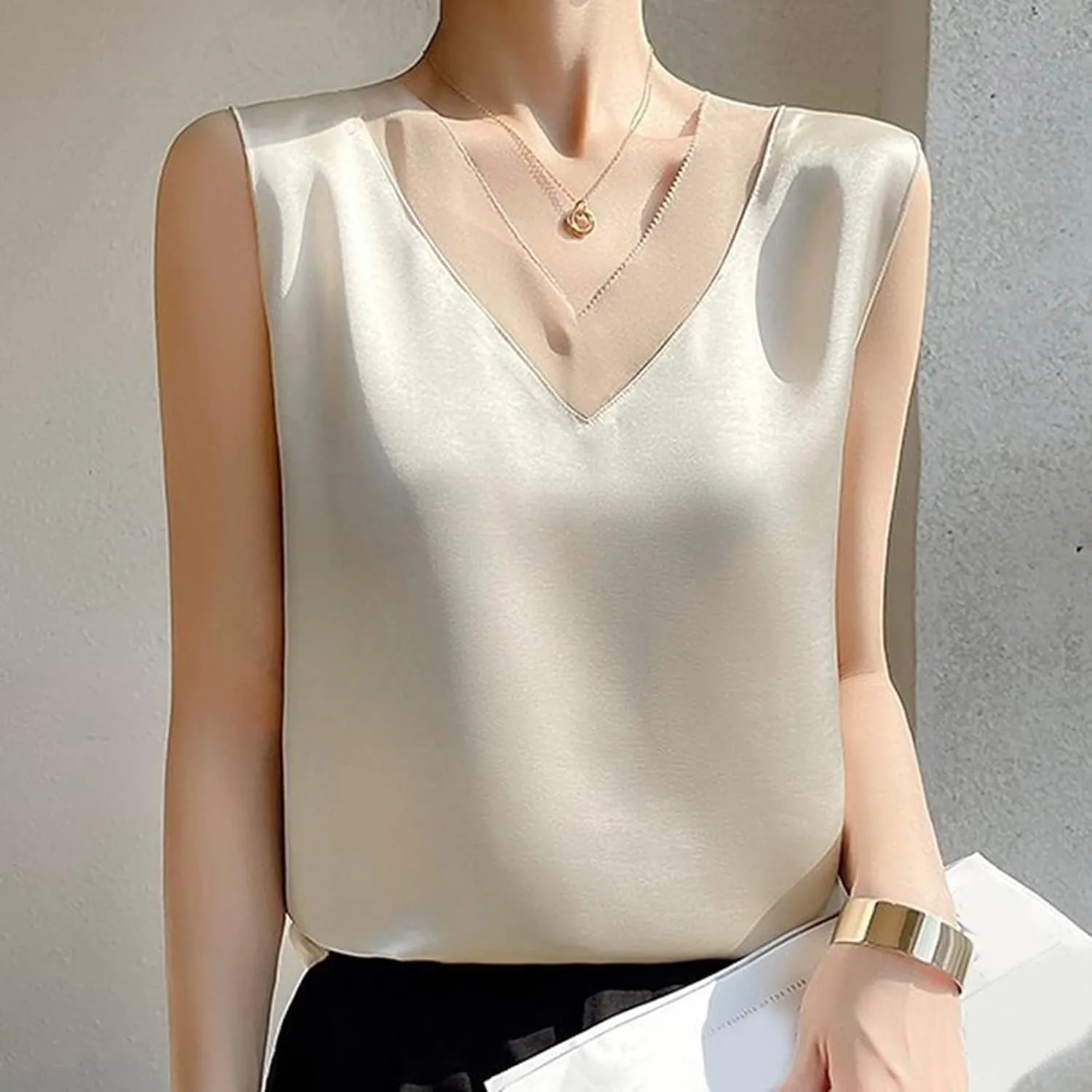 Workout Tank Tops for Women Women's Camisole Glossy Satin Sleeveless V Neck Lace Ladies Tops And Blouses