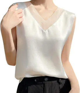 Workout Tank Tops for Women Women's Camisole Glossy Satin Sleeveless V Neck Lace Ladies Tops And Blouses